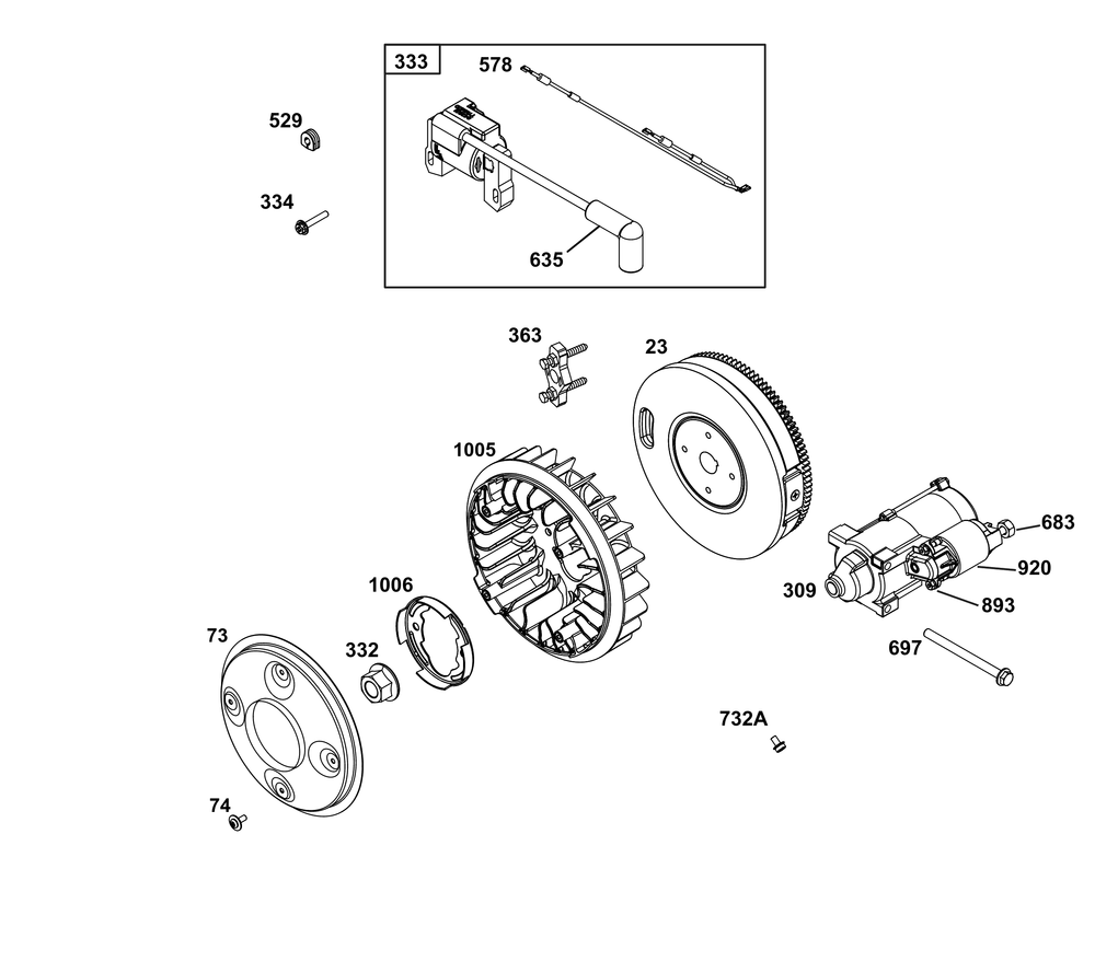 Flywheel, Ignition, And Starter Group Diagram and Parts List for 386447-0098-B5 200000 - 399999 Briggs and Stratton Engine